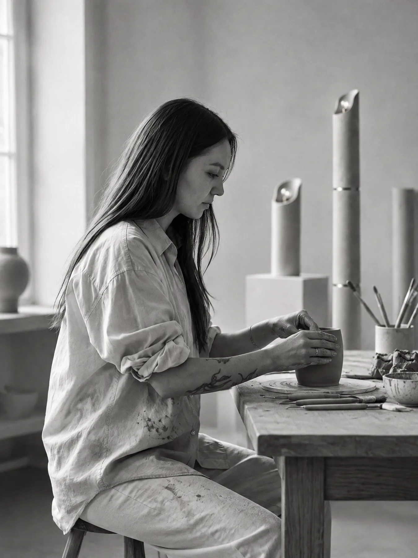 Camille Ly façonnant une pièce à l’atelier, Dunkerque